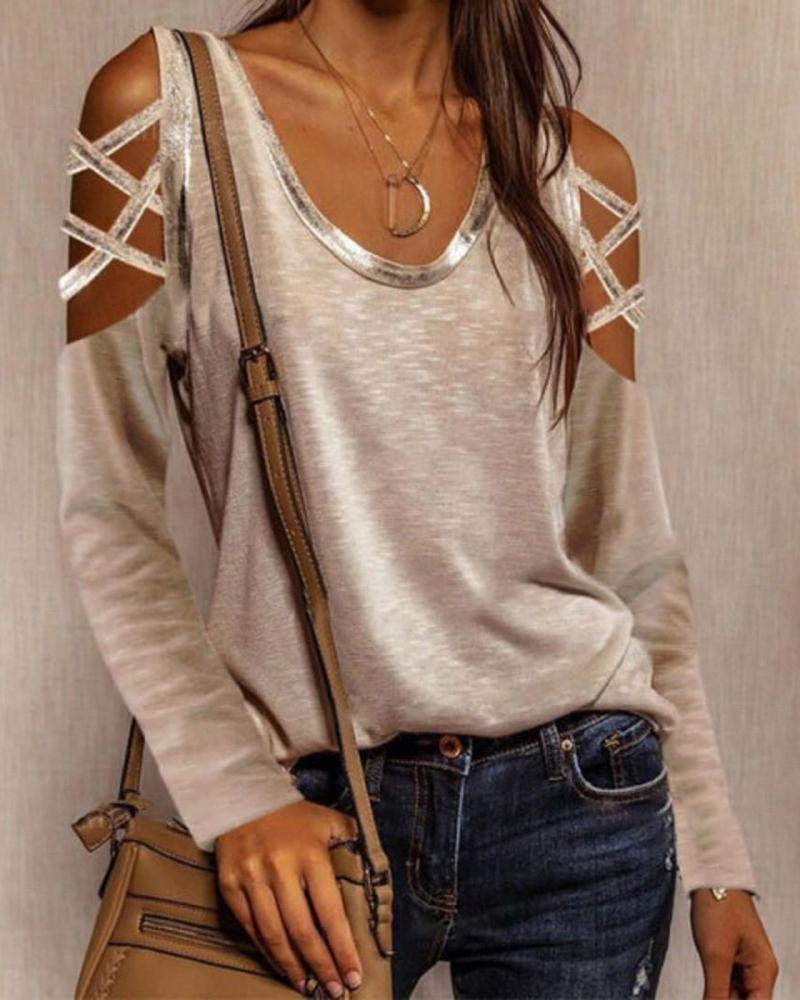 

Cutout Long Sleeve Round Neck T-shirt, Apricot