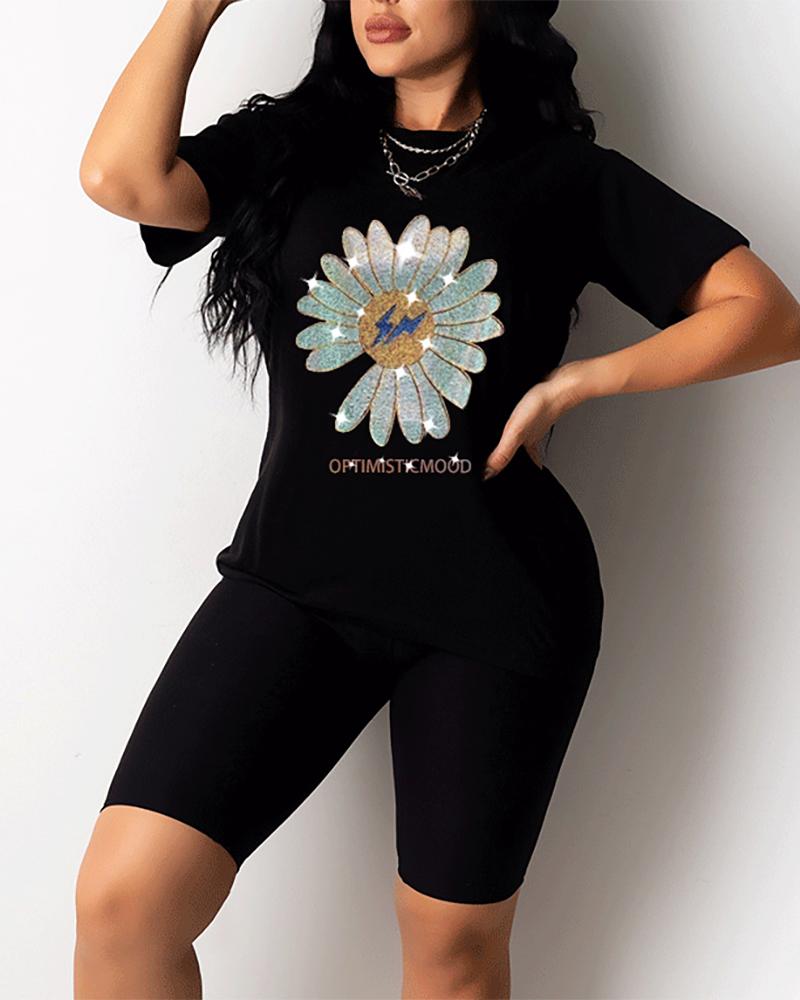 

Floral Print Studded Top & Shorts Set, Black