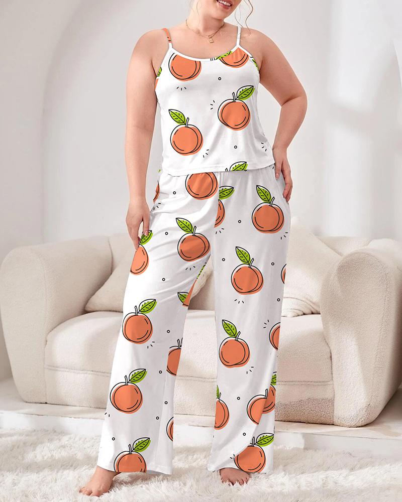 

Plus Size Peach Print Spaghetti Strap Pajamas Set, White
