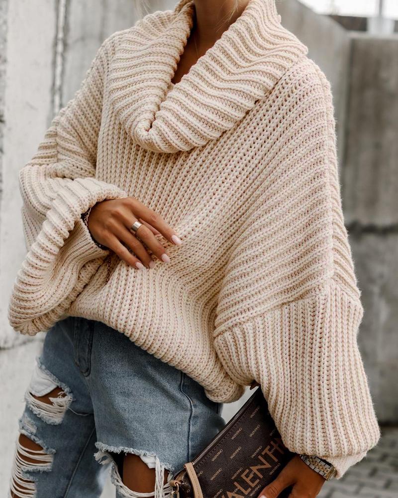 

Lantern Sleeve Turtleneck Chunky Knit Sweater, Apricot