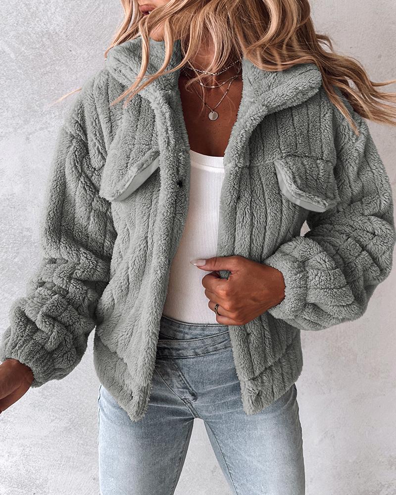 

Textured Striped Turn-down Collar Button Front Elastic Cuff and Hem Teddy Fleece Jacket With Decorative Flap Pockets, Gray