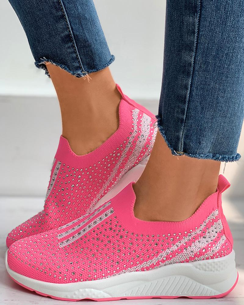 

Rhinestone Colorblock Knit Wedge Sneaker, Hot pink