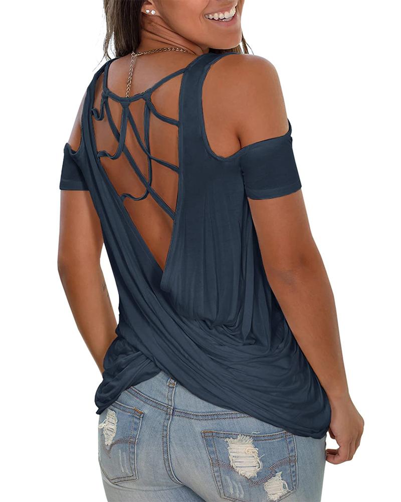 

Cutout Cold Shoulder Ruched Casual Top, Dark blue