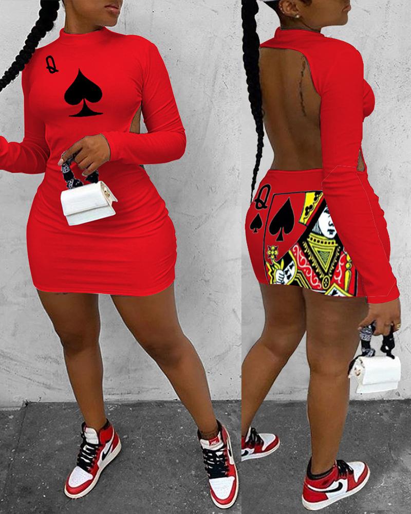 

Poker Print Backless Bodycon Dress, Red