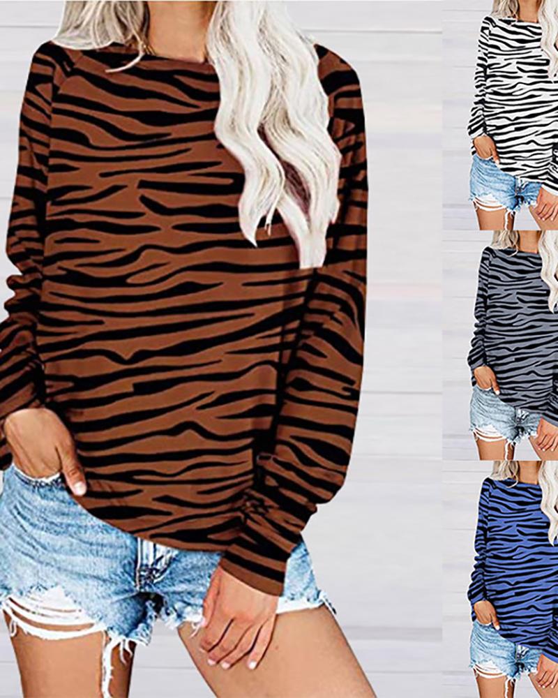 

Zebra Stripe Pattern Print Long Sleeve Casual Top, Coffee