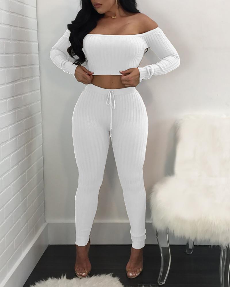 

Off Shoulder Ribbed Crop Top & Drawstring Pants Set, White