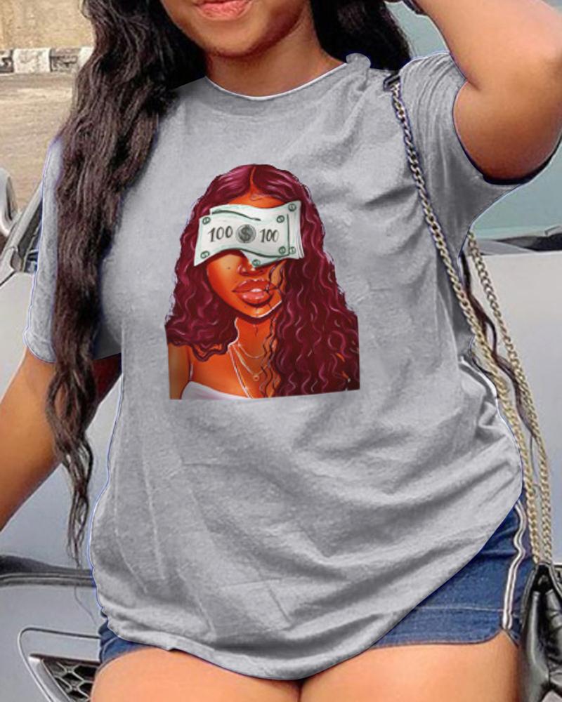 

Cartoon Cool Girl Print Short Sleeve T-shirt, Gray