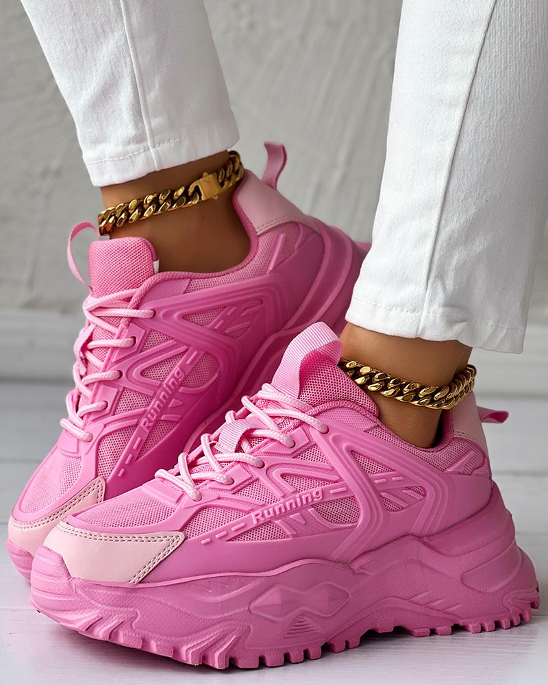 

Running Pattern Lace-up Breathable Sneakers, Pink