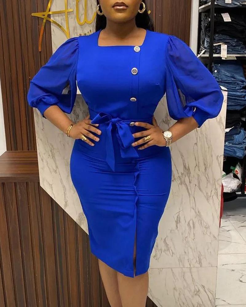 

Side Button Lantern Sleeve Bodycon Dress, Blue