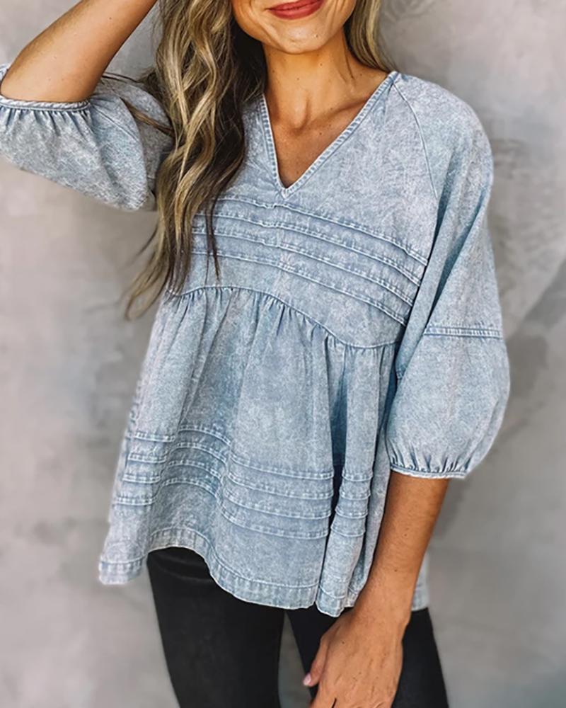 

V Neck Ruched Lantern Sleeve Tied Detail Backless Denim Top, Light blue