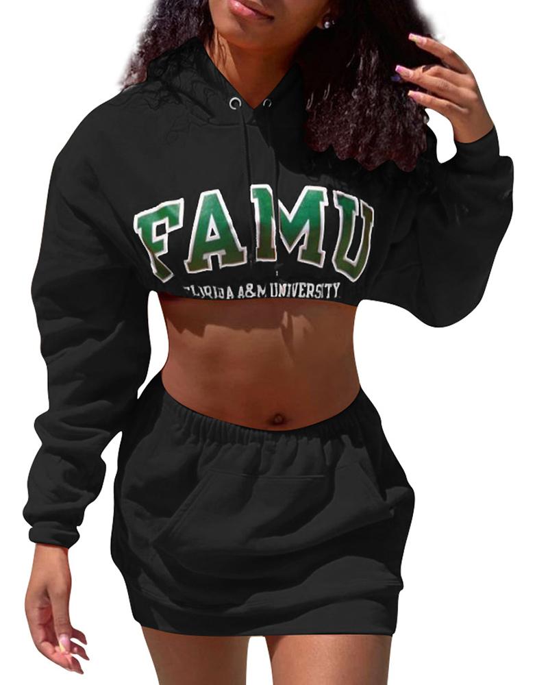 

Letter Print Long Sleeve Hooded Crop Sweatshirt & Pocket Design Skirt Set, Black