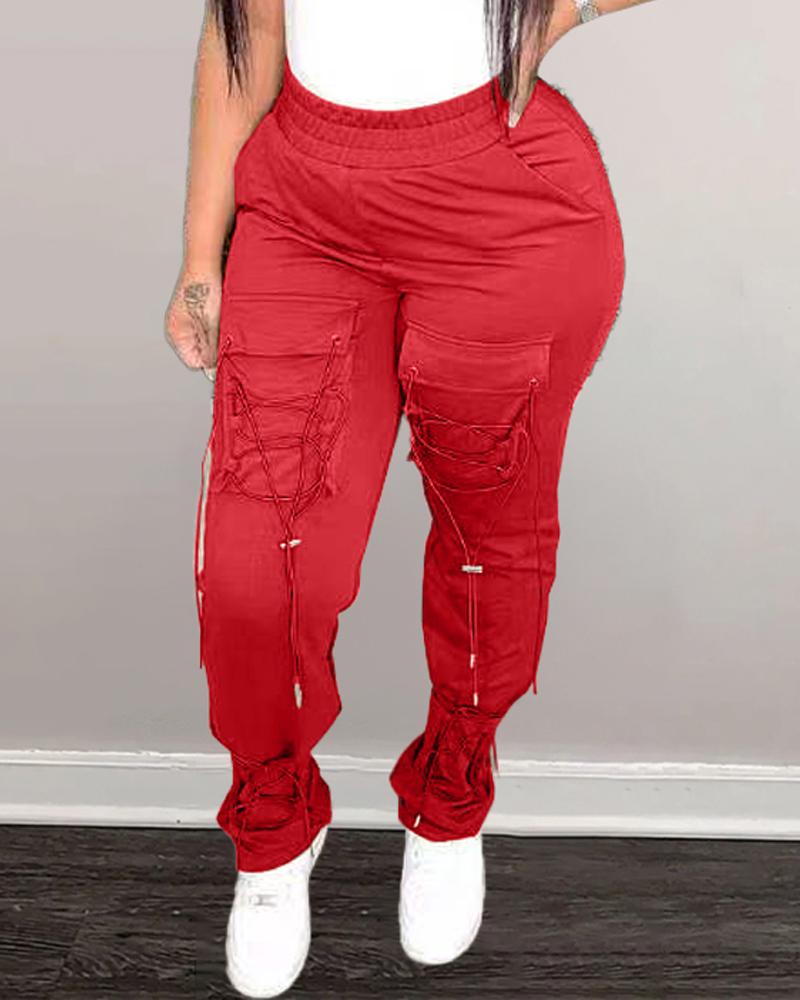 

Lace-up Design Casual Cargo Pants, Red