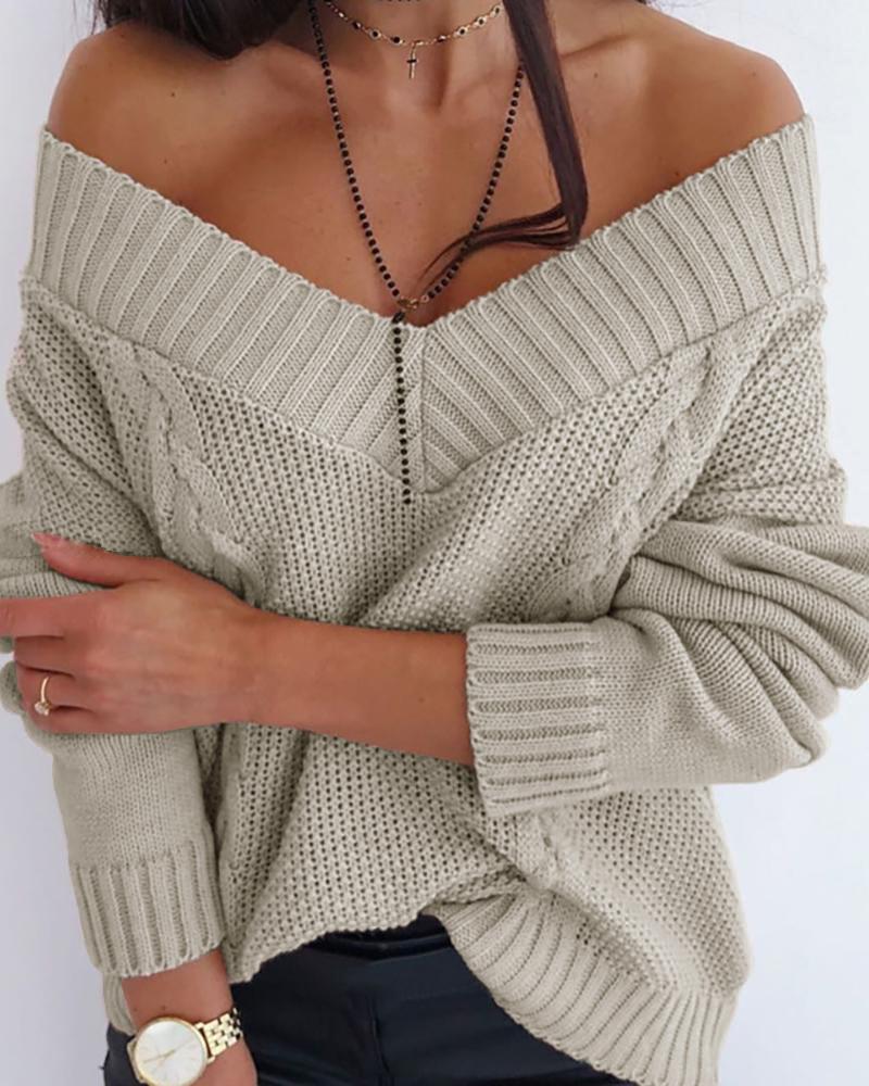 

Braided Knit Solid Casual Sweater, Apricot