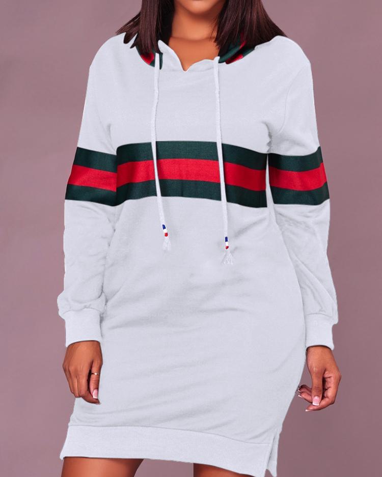 

Contrast Wide Stripes Slit Hooded Sweatshirt Dress, White