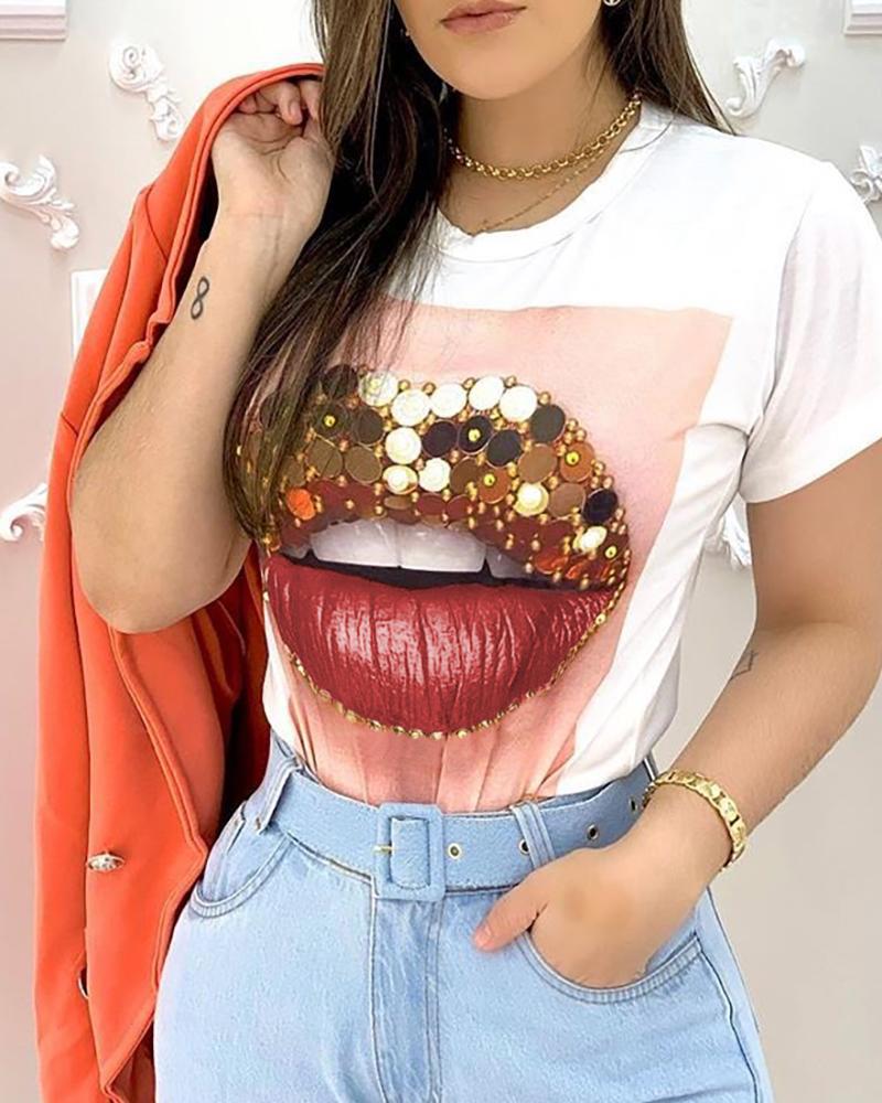 

Lip Print Short Sleeve Casual T-Shirt, White
