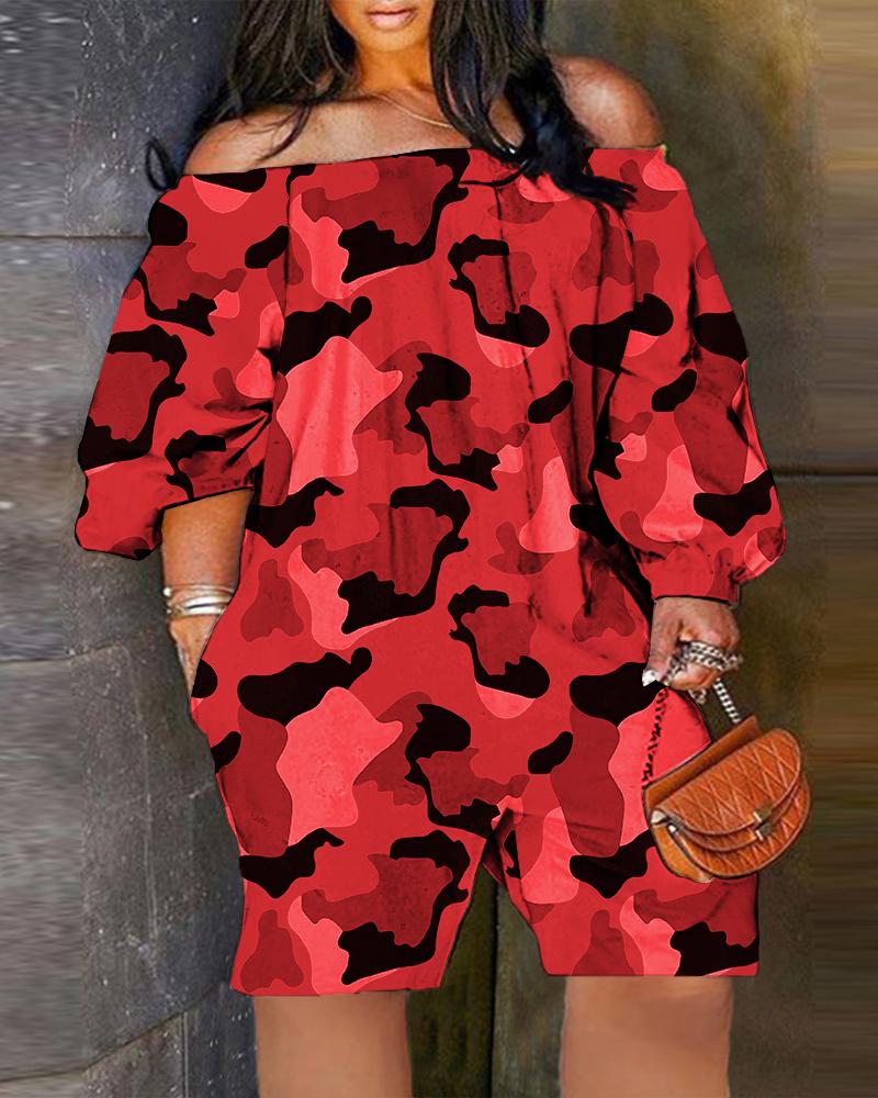 

Plus Size Camouflage Print Off Shoulder Casual Romper, Red