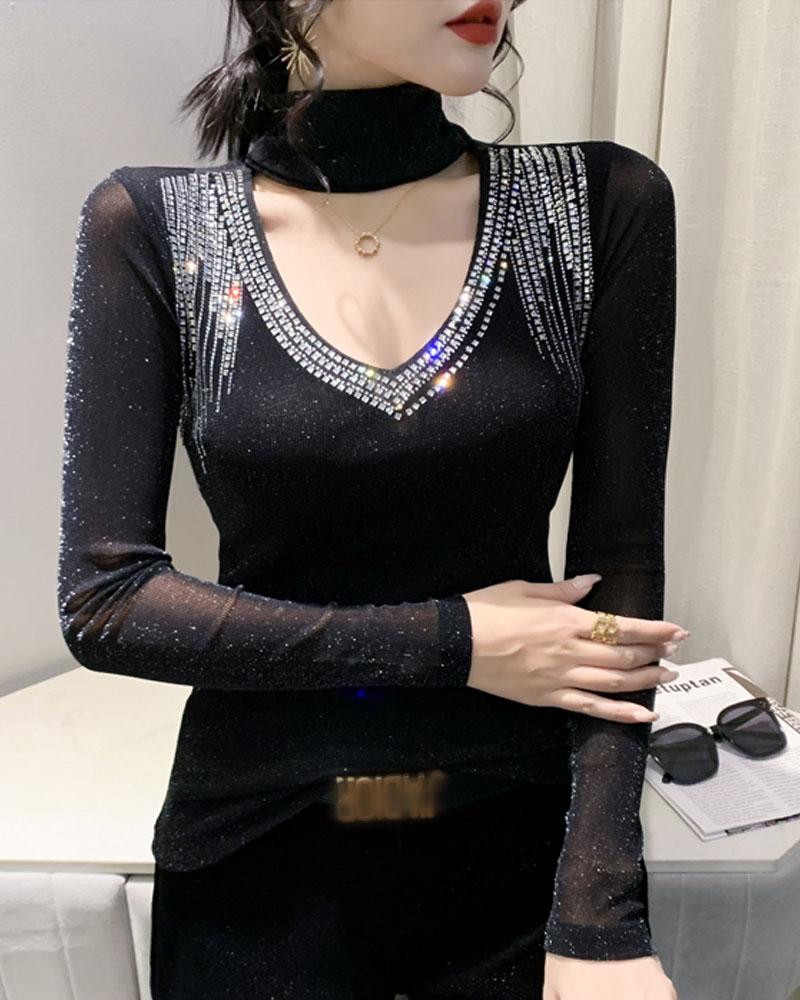 

Rhinestone Contrast Mesh Long Sleeve Top, Black