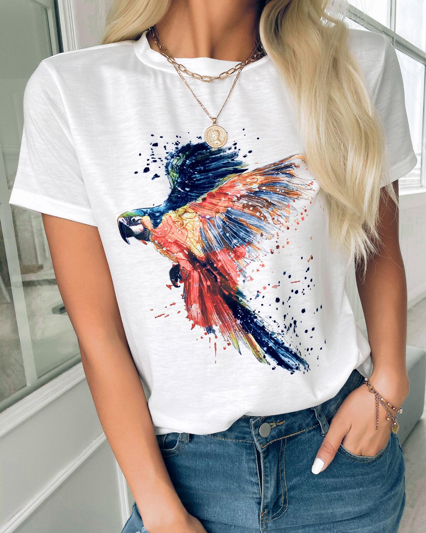 

Bird Print Short Sleeve Casual T-shirt, White