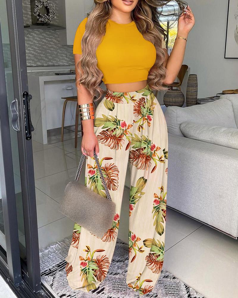 

Crop Top & Tropical Print Wide Leg Pants Set, Multicolor