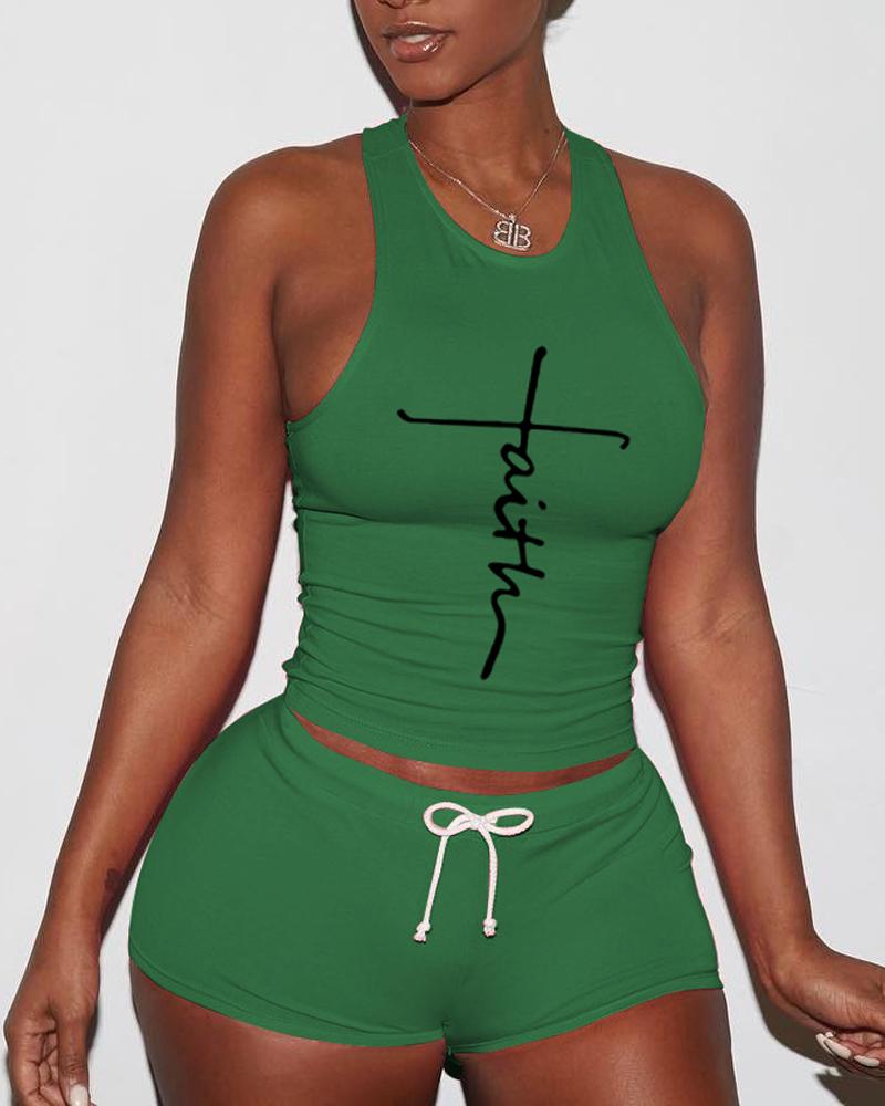 

Letter Print Breathable Drawstring Active Set, Green
