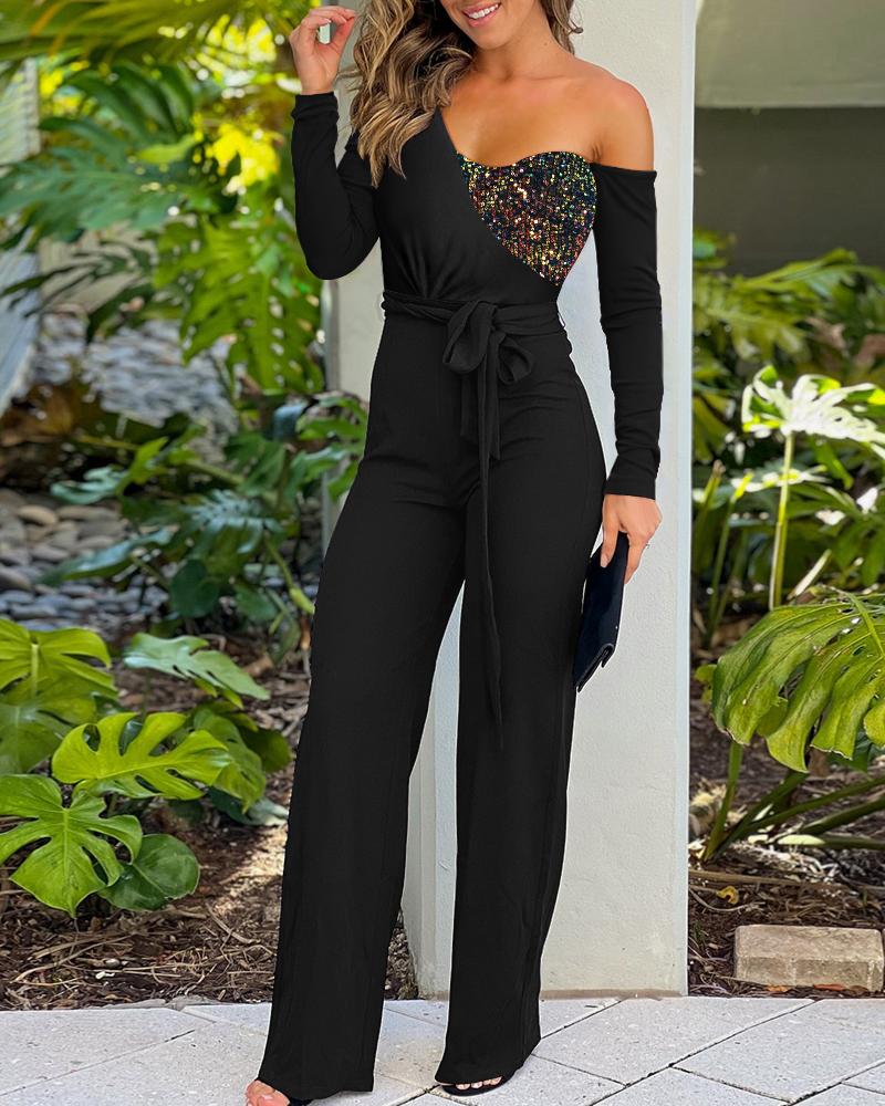 

Contrast Sequin One Shoulder Long Sleeve Jumpsuit Casual Lace-up Wide Leg Romper, Black