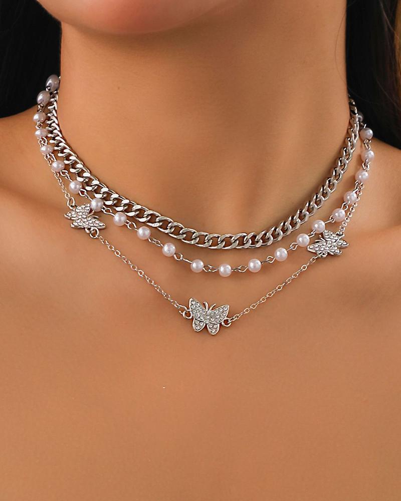 

3pcs Butterfly Pattern Beaded Chain Necklace Set, Silver