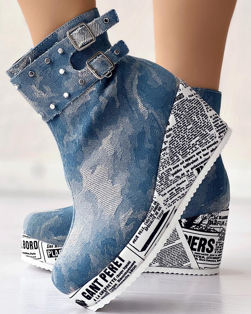 Studded Buckled Newspaper Platform Denim Ankle Boots