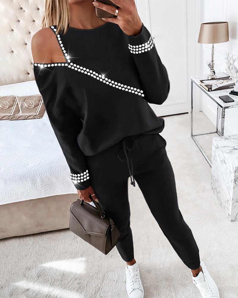 

Rhinestone Decor Cold Shoulder Top & Pants Set, Black