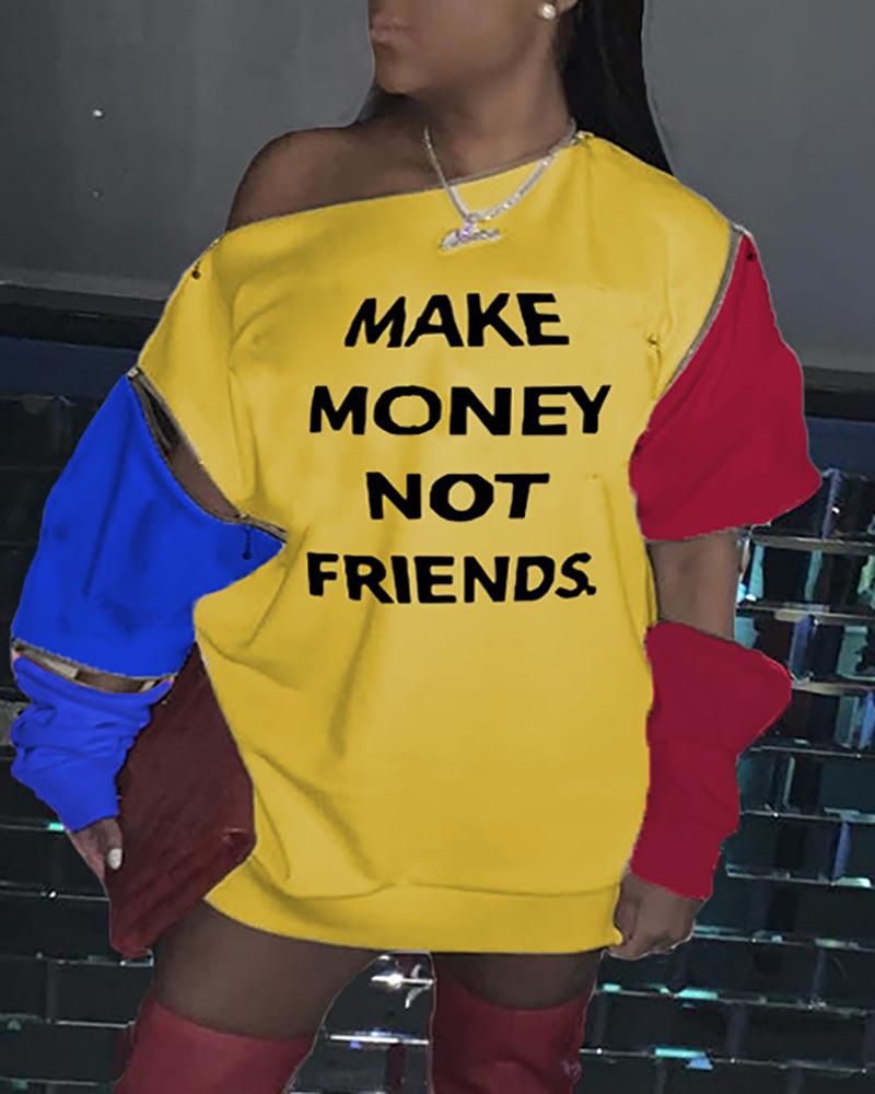 

Letter Print Colorblock Zipper Design Sweatshirt Dress, Yellow