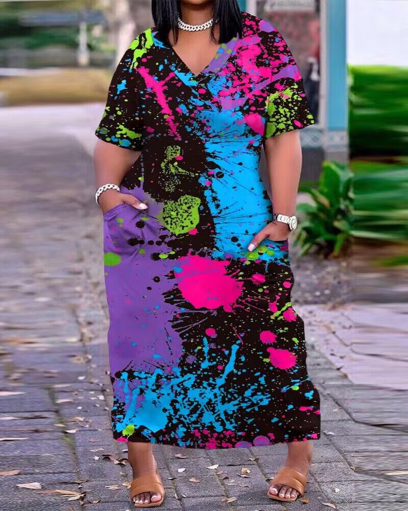 

Plus Size Ink Splash Print Pocket Design Casual Dress, Multicolor
