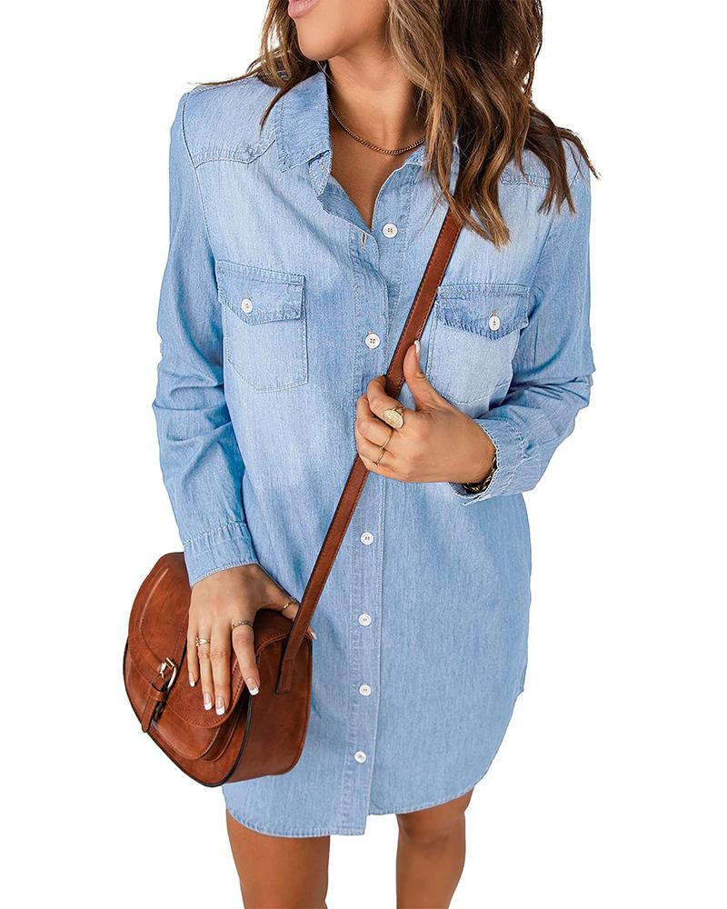 

Long Sleeve Button Front Denim Shirt Dress, Lighted blue