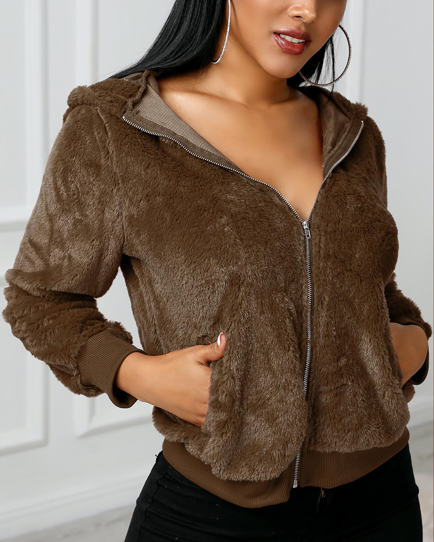

Long Sleeve Zip Front Fur Faux Fur Hooded Coat, Coffee