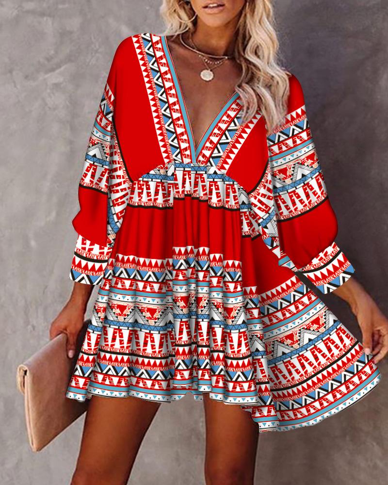 

Tribal Print V-Back Tied Detail Swing Dress, Red