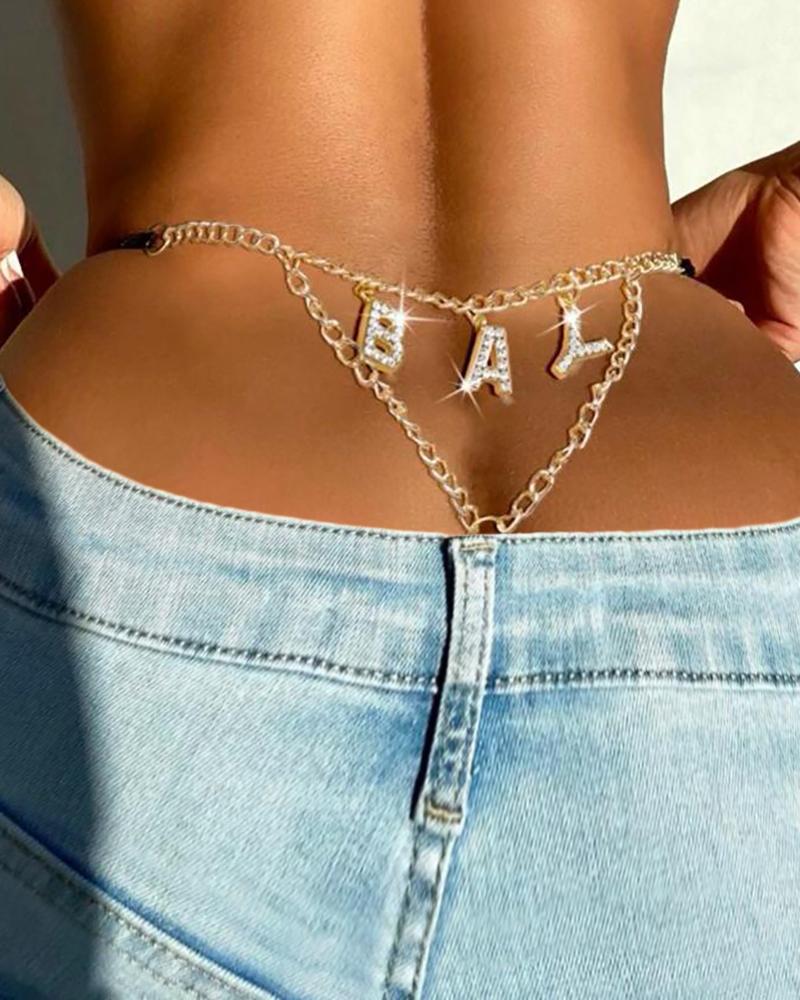

Rhinestone Letter Chain Linked Lace Patch Thong Panty, Gold