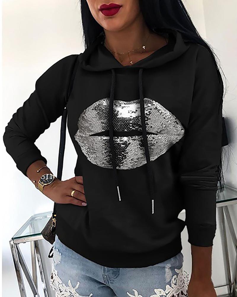 

Lip Pattern Sequins Casual Hooded Sweatshirt, Black