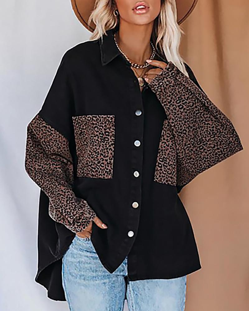 

Cheetah Print Colorblock Buttoned Shacket, Black