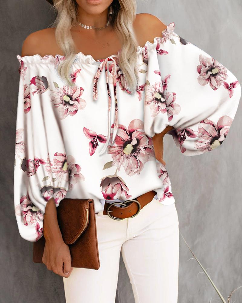 Floral Print Off Shoulder Frill Hem Top