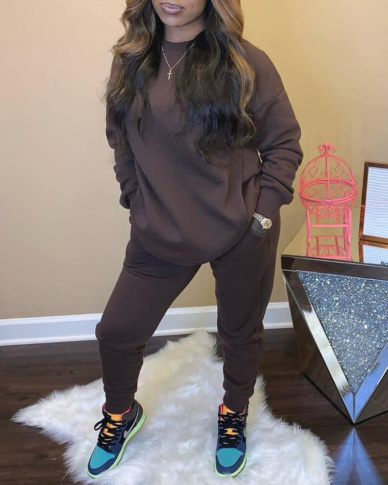 

Plain Long Sleeve Pocket Design Top & Drawstring Pants Set, Coffee