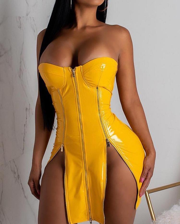 

Zip Detail Slit Tube PU Dress, Yellow