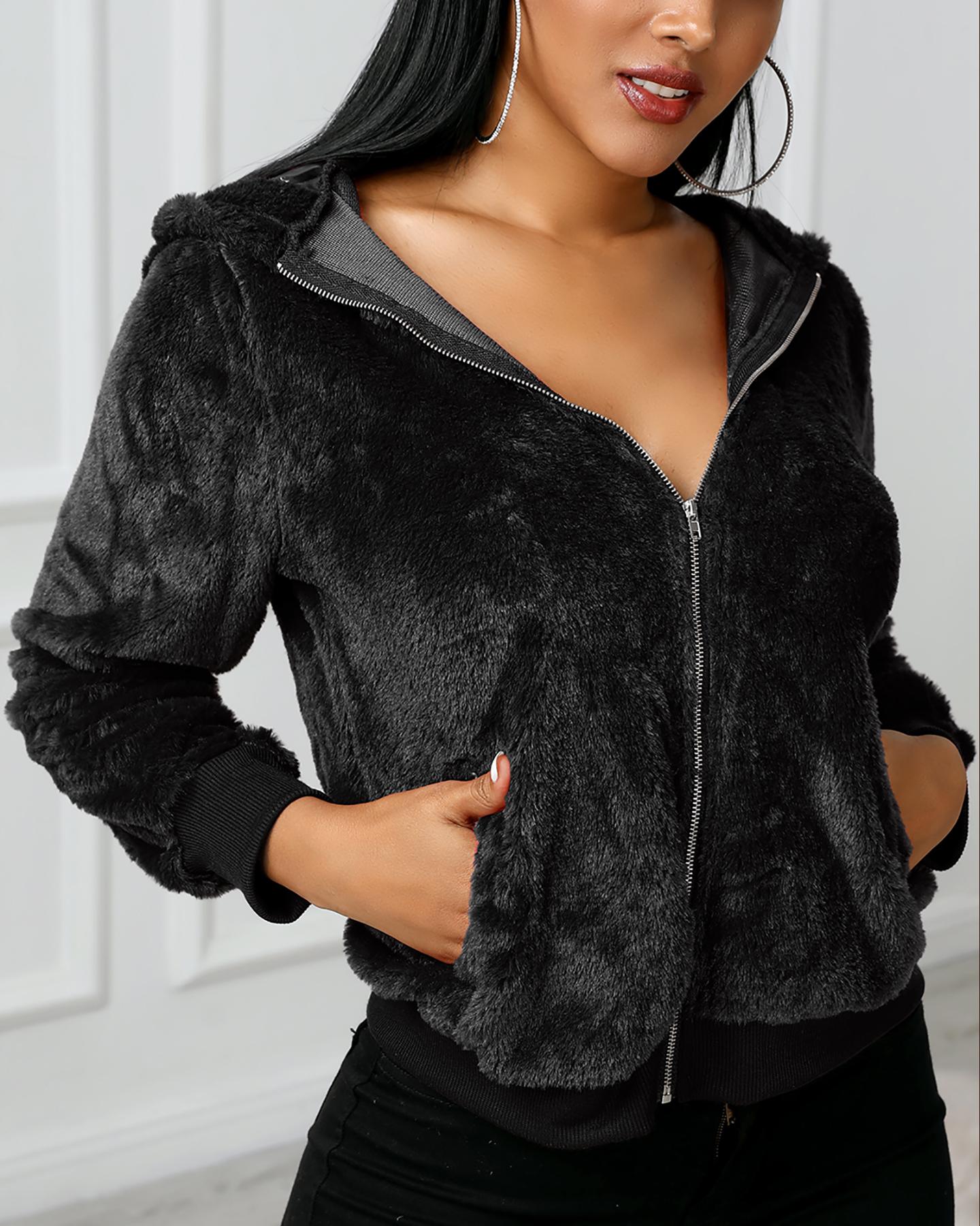 

Long Sleeve Zip Front Fur Faux Fur Hooded Coat, Black