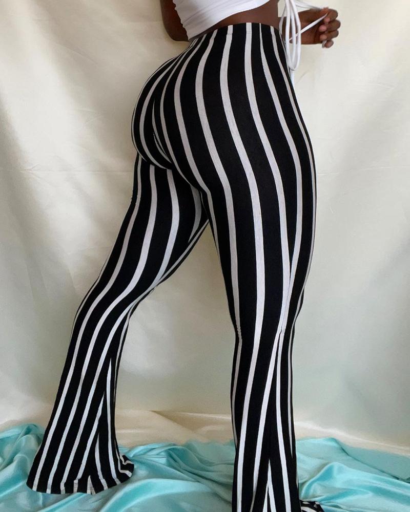 

Striped Print High Waist Boot-Cut Pants, Black