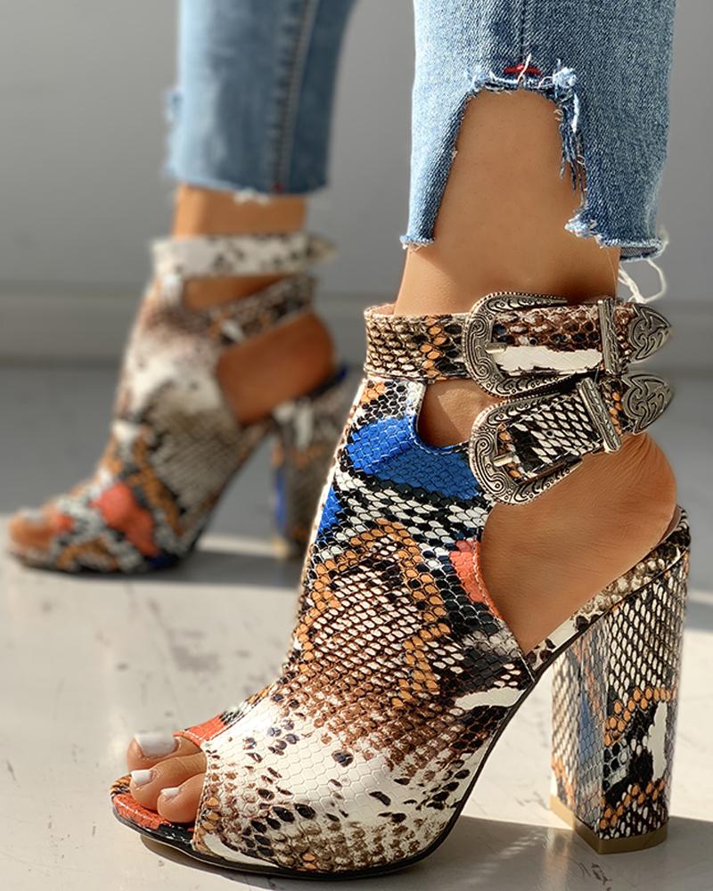 

Snakeskin Ankle Buckled Chunky Heels, Khaki