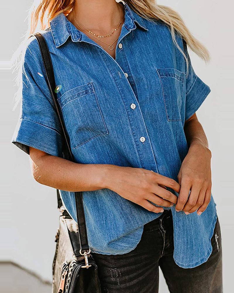 

Buttoned Pocket Design Short Sleeve Denim Shirt, Blue
