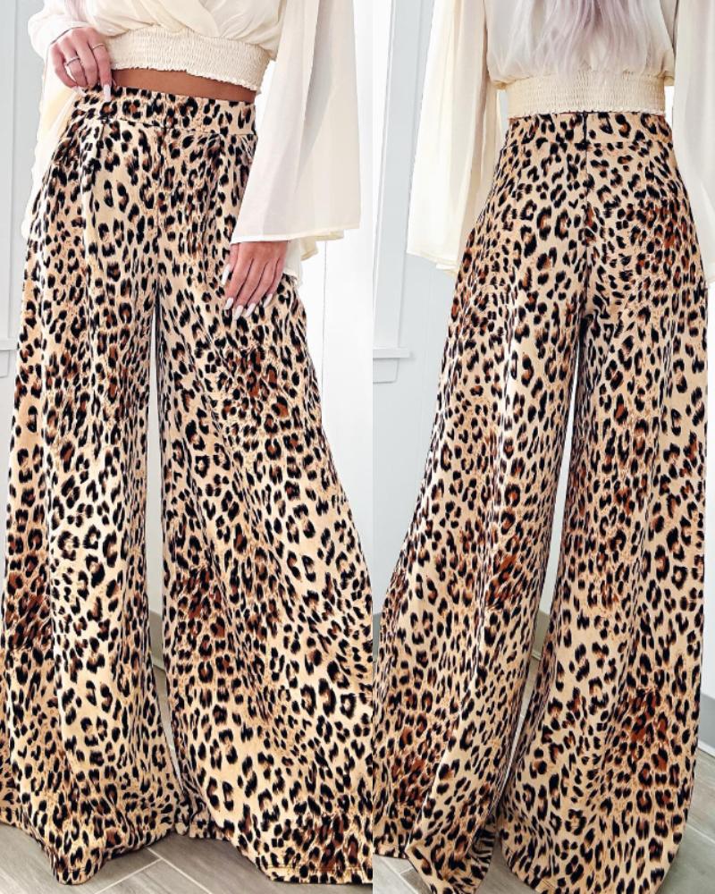 

Calças largas com estampa de leopardo, cintura elástica, casual, soltas, flare, Leopard