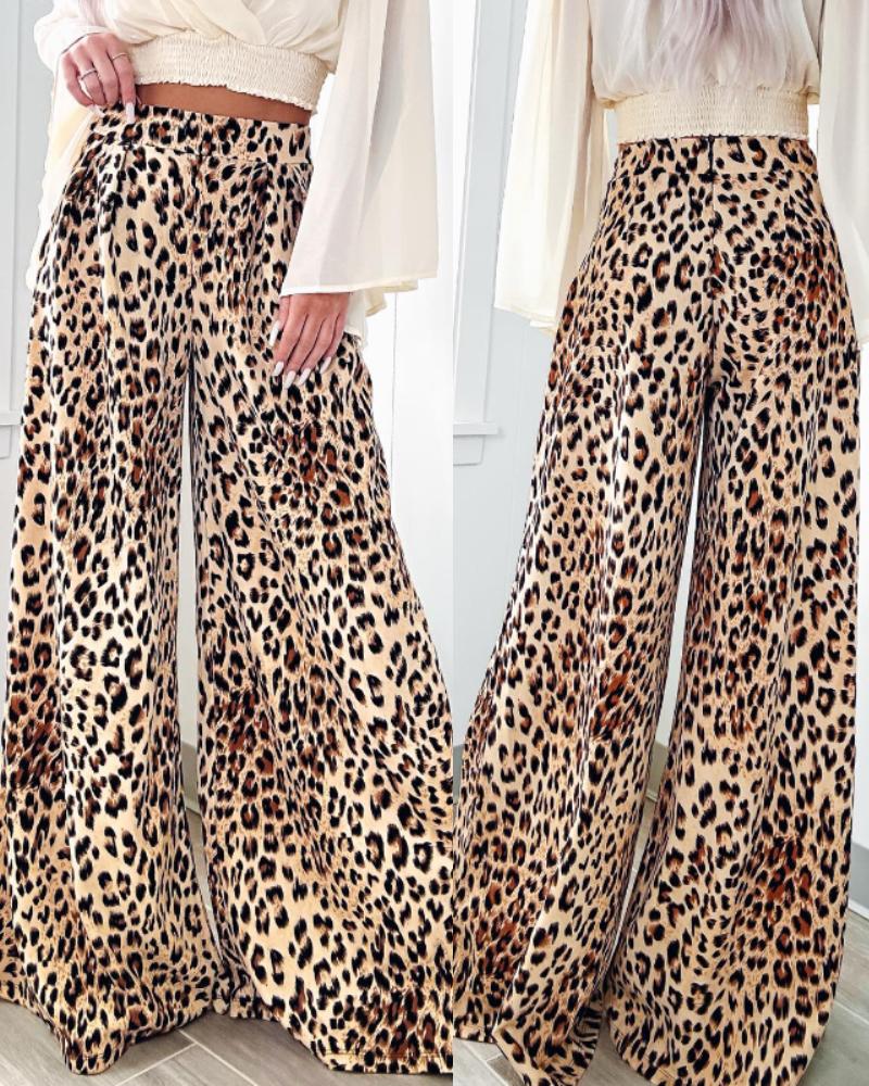 

Leopard Print Strechy Waist Wide Leg Pants Casual Loose Fit Flared Pants