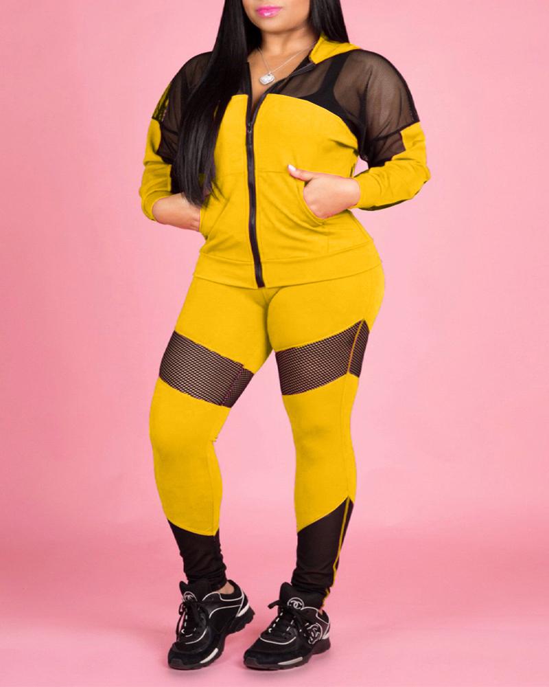 

Plus Size Contrast Mesh Long Sleeve Zip Up Top & Pants Set, Yellow