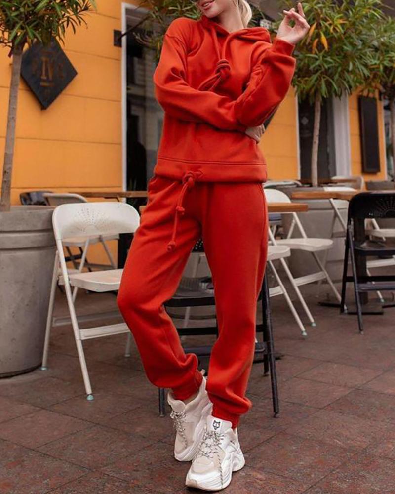 

Plain Drawstring Front Hooded Top & Pants Set, Red