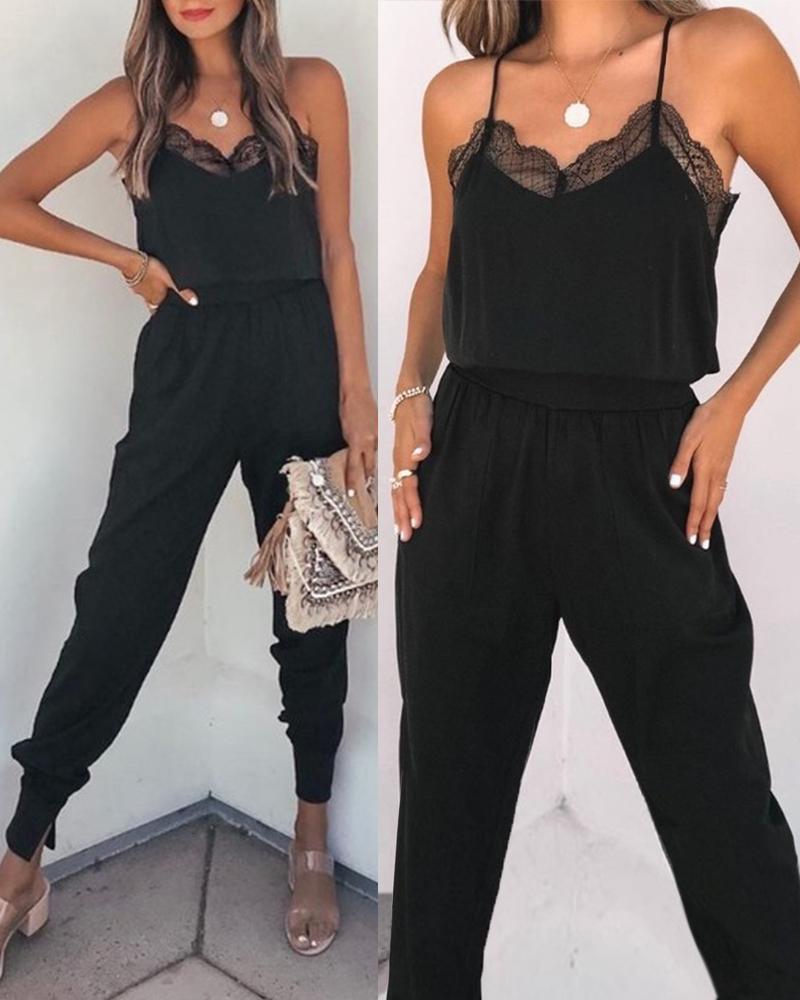 

Contrast Lace Spaghetti Strap Jumpsuit, Black