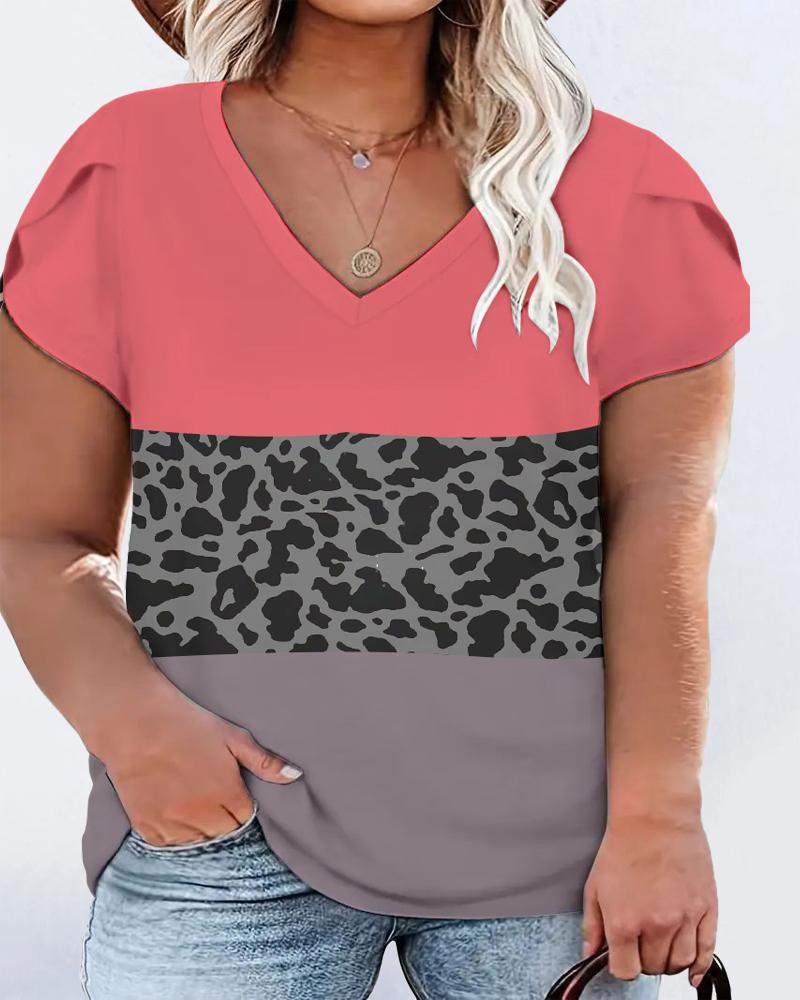 

Plus Size Colorblock Leopard Print Petal Sleeve T-Shirt, Pink