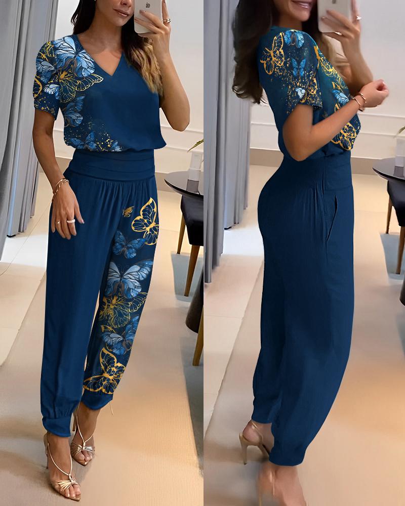 Butterfly Print V-Neck Top & High Waist Cuffed Pants Set
